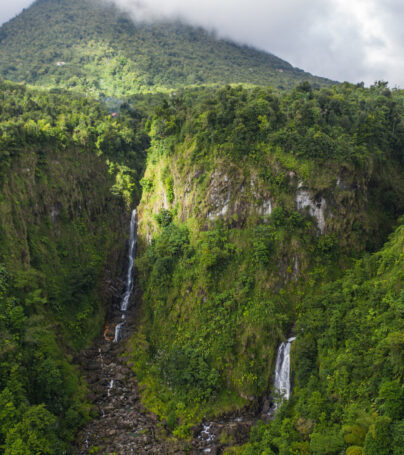 Aerial picture of Trafalgar Falls on the island of Dominica